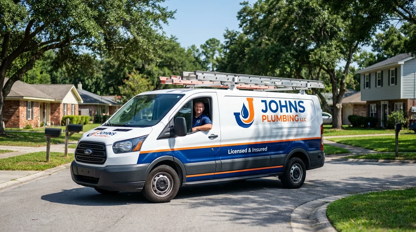 Johns Plumbing LLC service van in Bedford, MA