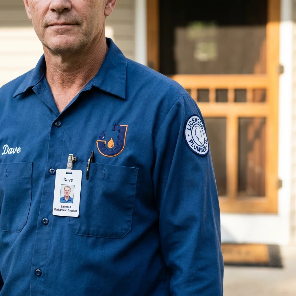 Licensed plumber showing ID badge in Bedford, MA