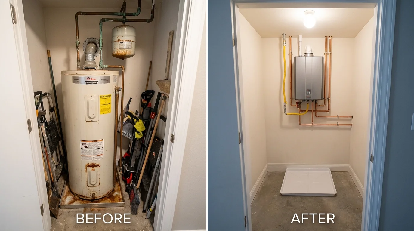 Tank water heater versus wall-mounted tankless unit comparison for Bedford, MA homeowners
