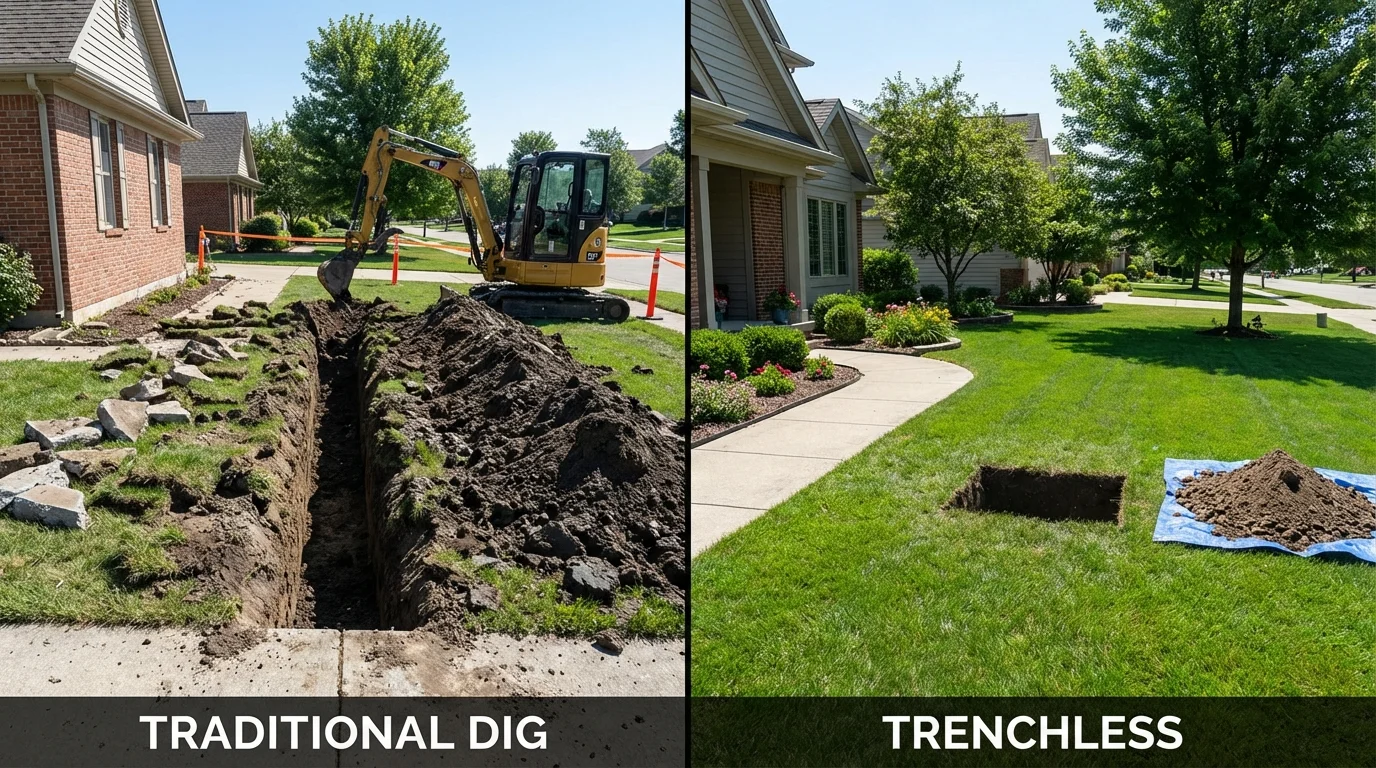 Trenchless sewer repair with minimal yard damage versus traditional excavation in Bedford, MA