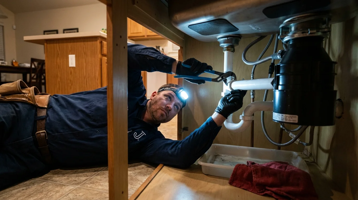 P-trap and supply line connections under a kitchen sink showing a common leak point in Bedford, MA